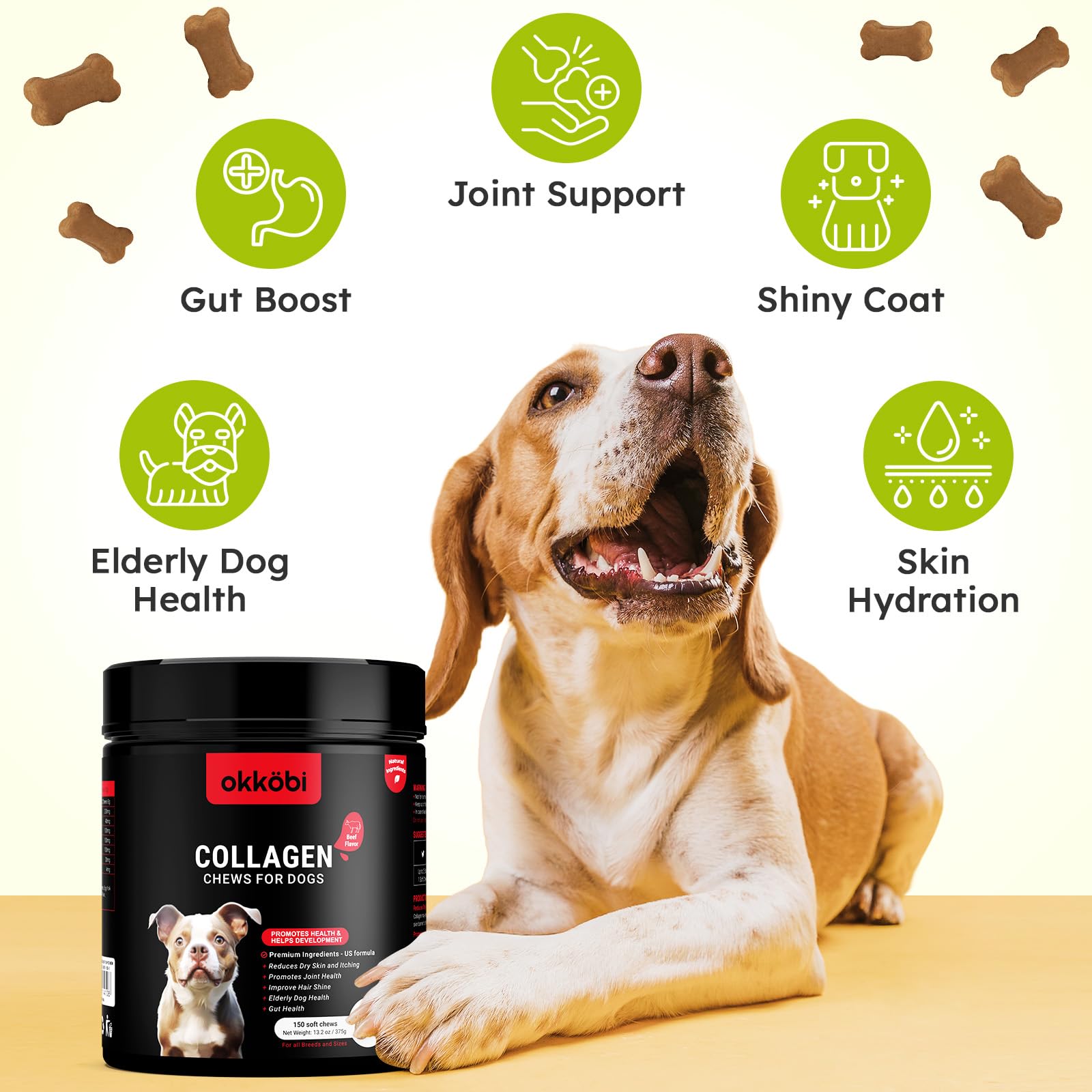 OKKÖBI Collagen for Dogs label details emphasize hyaluronic acid and eggshell membrane ingredients.