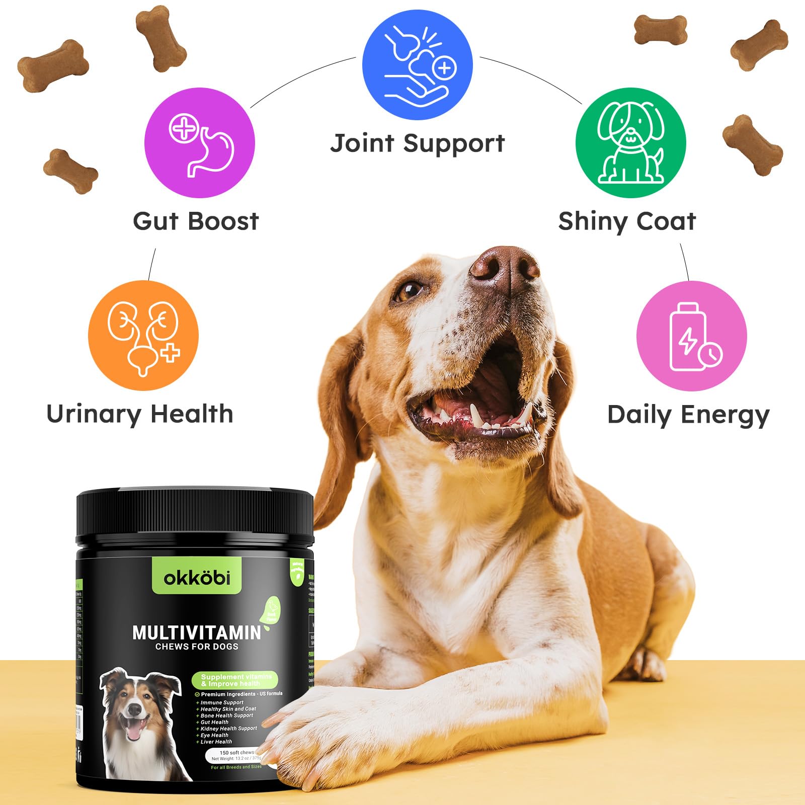 OKKÖBI joint-support glucosamine chews closeup with mobility benefits.