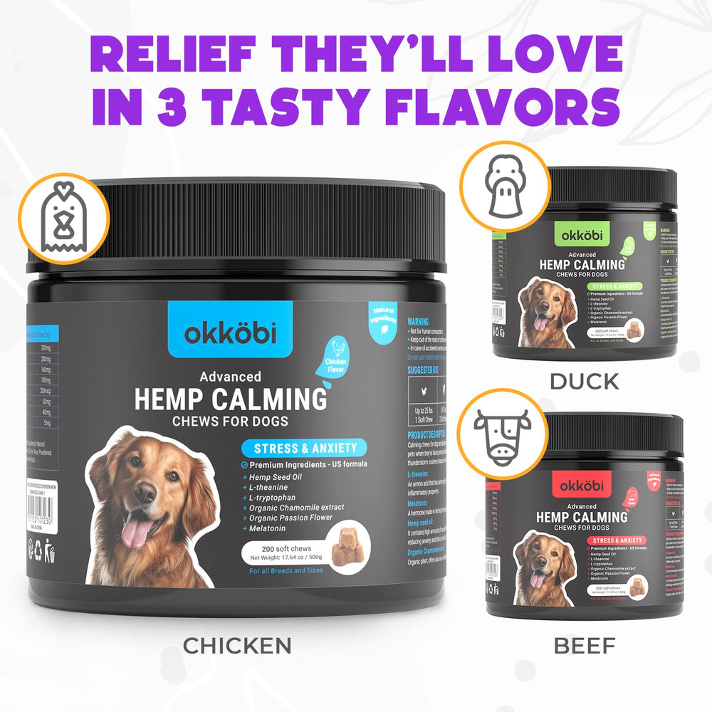 OKKÖBI hemp calming chews bottle front shows 200-count package