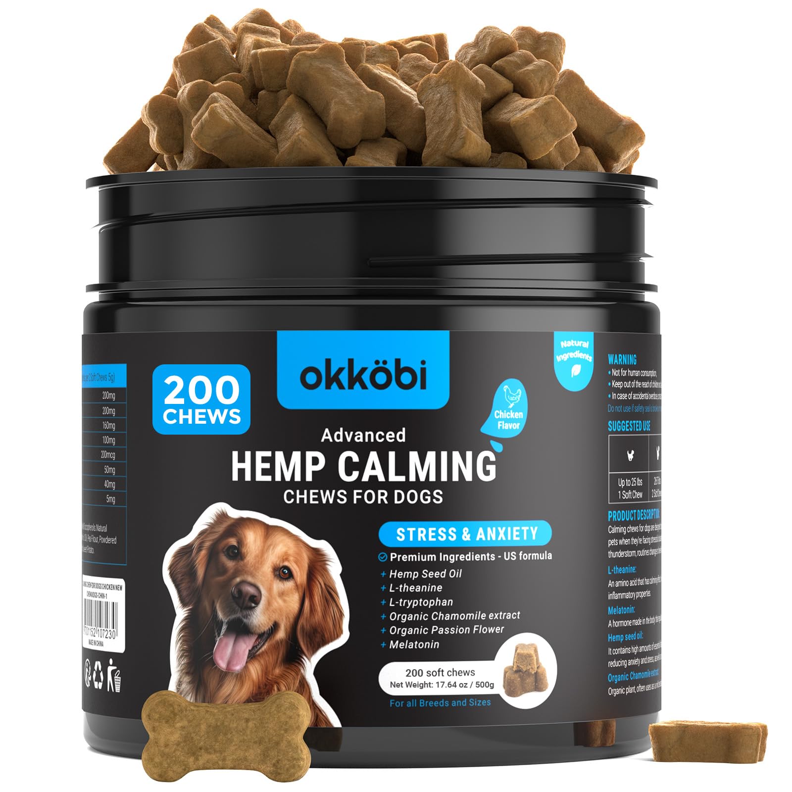 OKKÖBI hemp calming chews for dogs, chicken flavor pack promotes calm during playtime