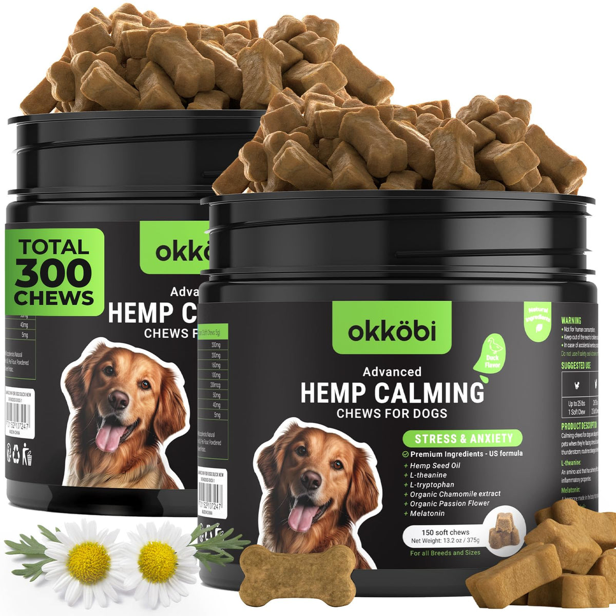 OKKÖBI hemp calming chews duck flavor bottle supports calmer moods during storms and vet visits.