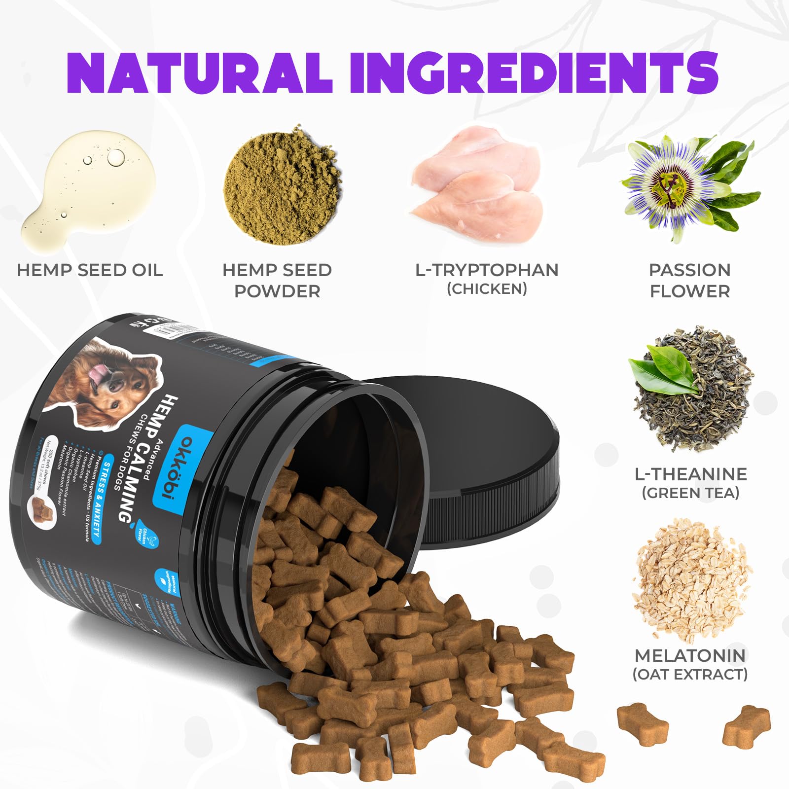OKKÖBI hemp calming chews for dogs, duck flavor pack eases nerves during grooming sessions