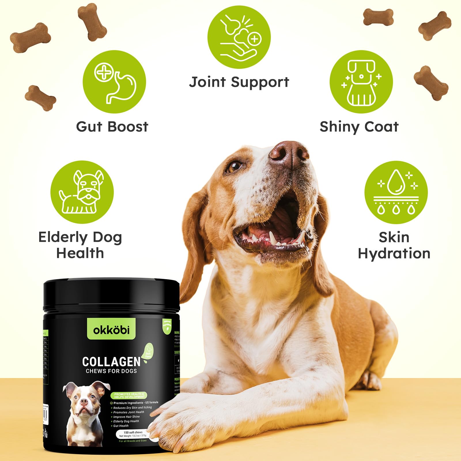 OKKÖBI skin and coat support chew highlighting a glossy coat result.
