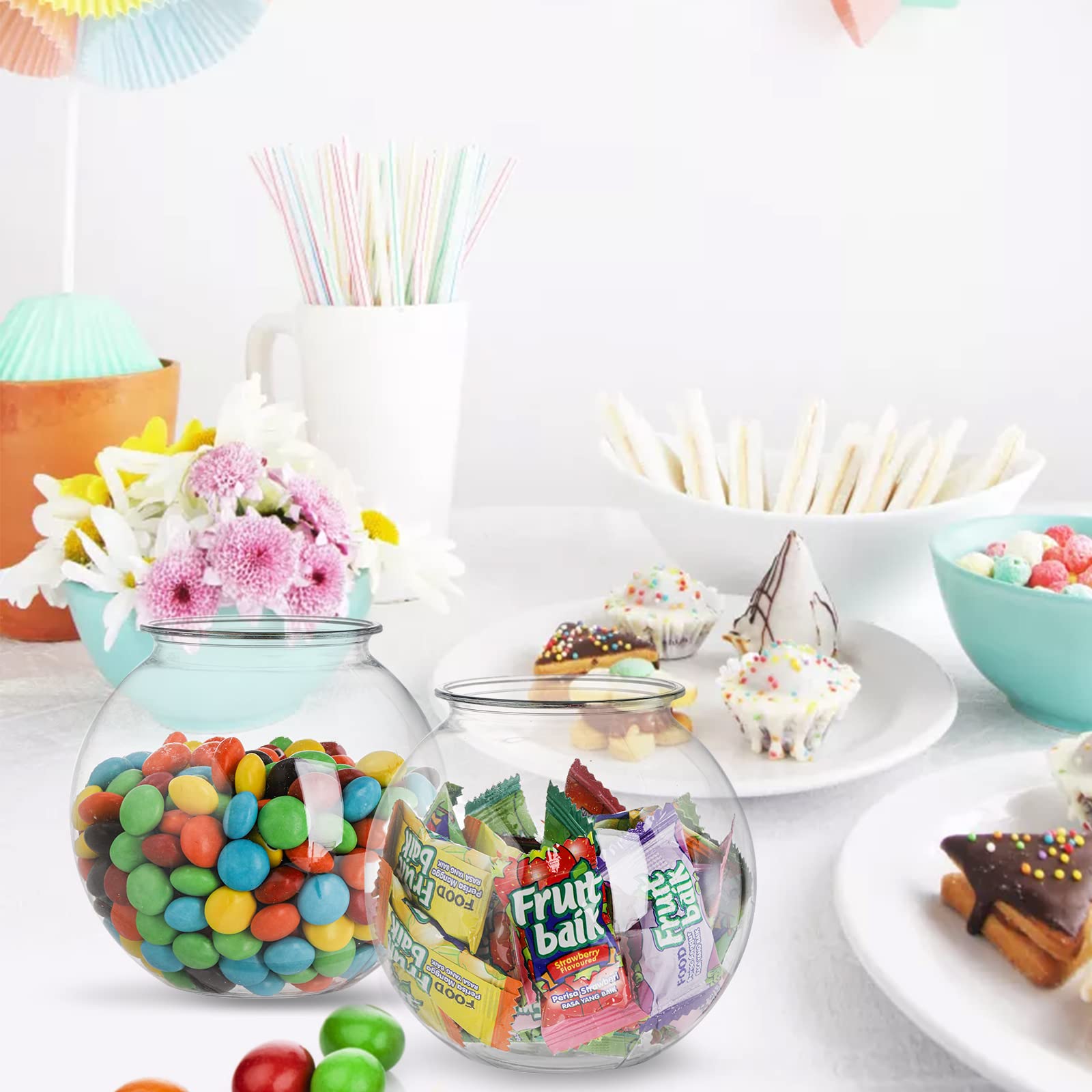 Okllen candy display bowl showcases colorful treats for a party.