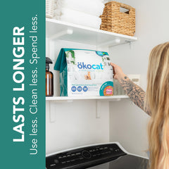Okocat 99% dust-free formula for cleaner air and environment.
