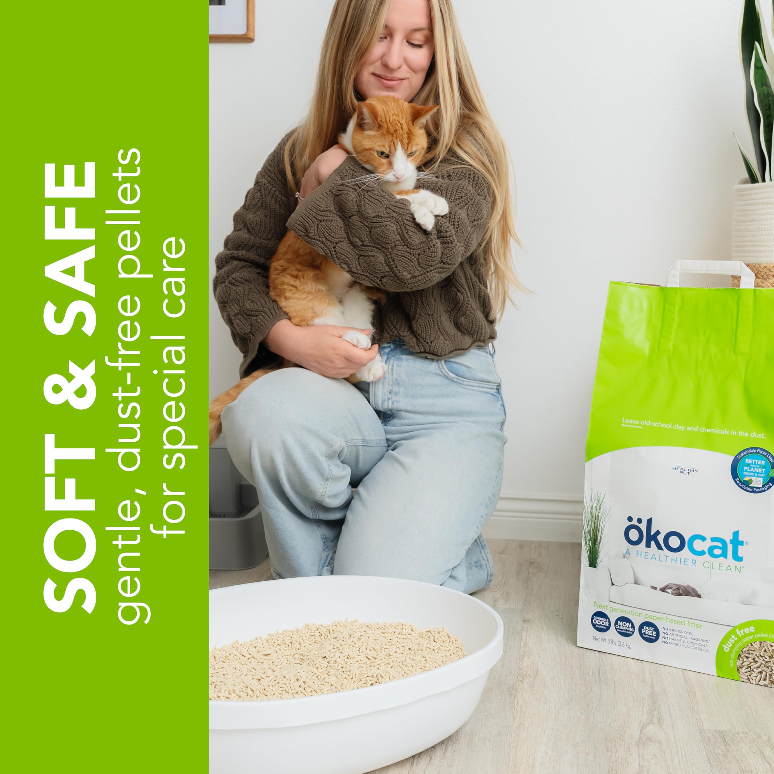 ökocat dust-free litter shown in a tidy box for allergy-friendly homes.