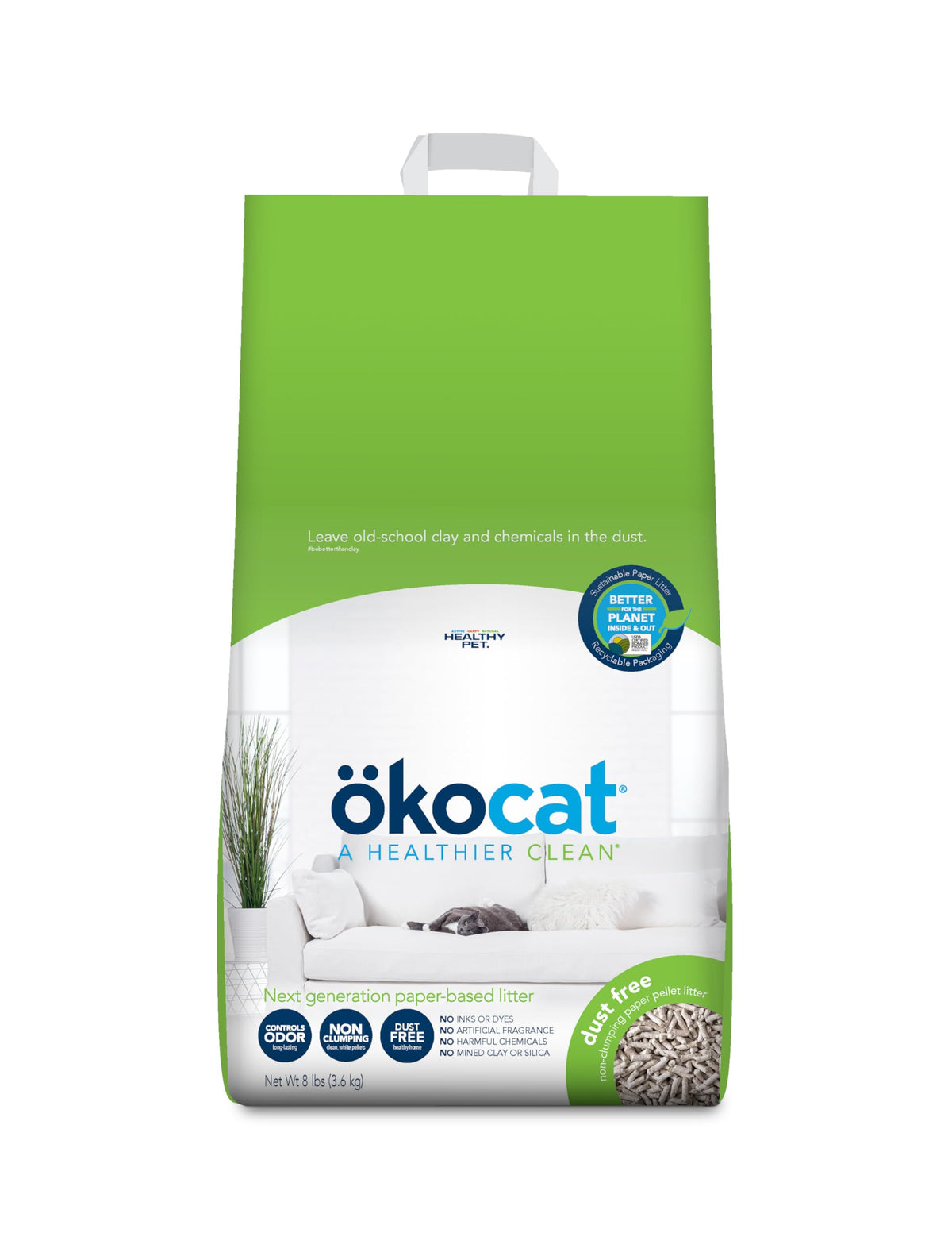 okocat dust-free paper litter bag showing easy handling and allergy-friendly use