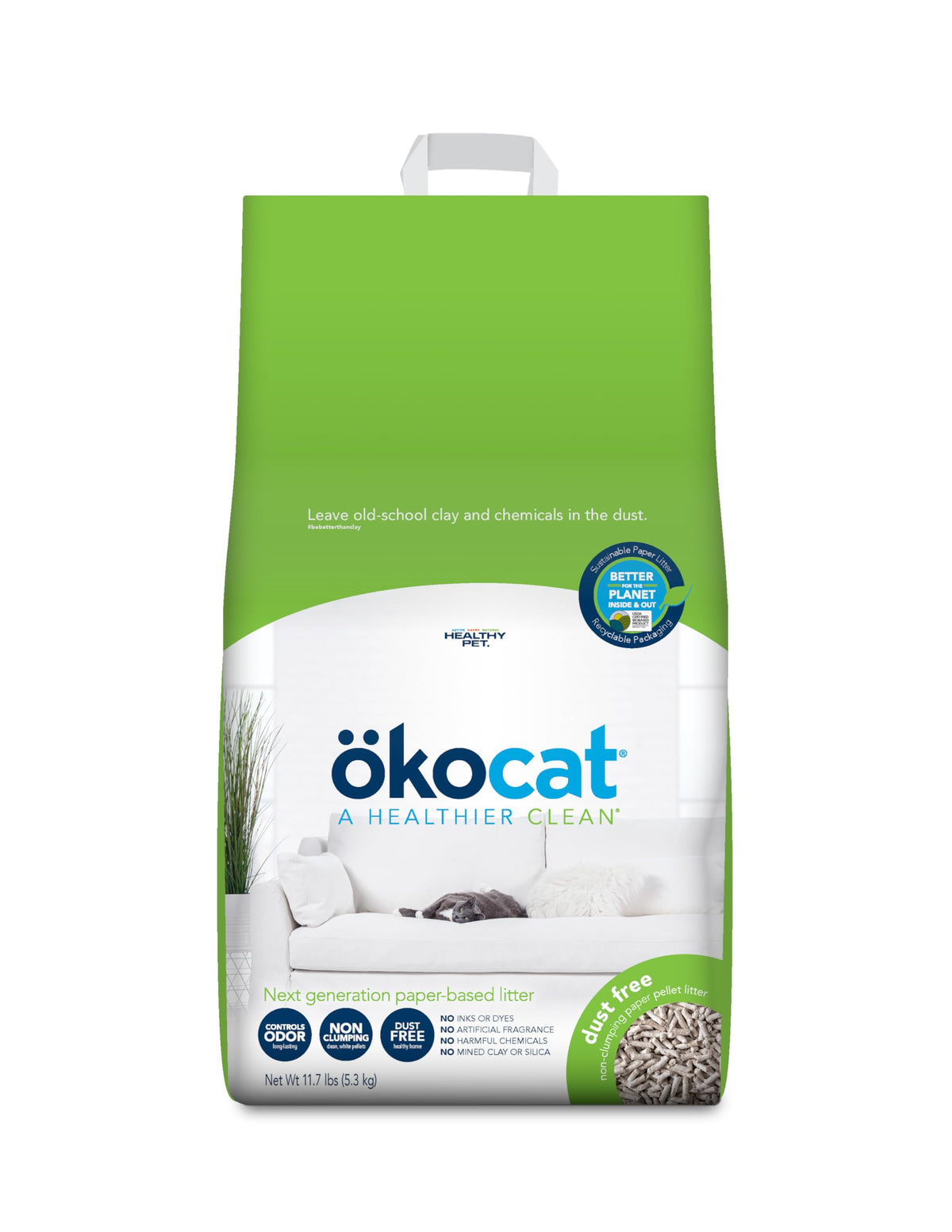 ökocat dust-free paper pellet litter packaging with recyclable materials.