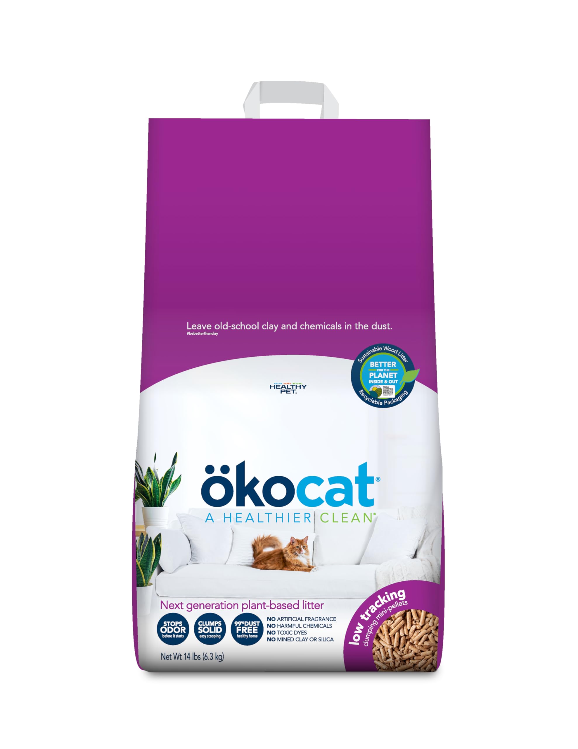 ökocat less mess wood mini-pellets close-up showing dense clumps for easy scooping.