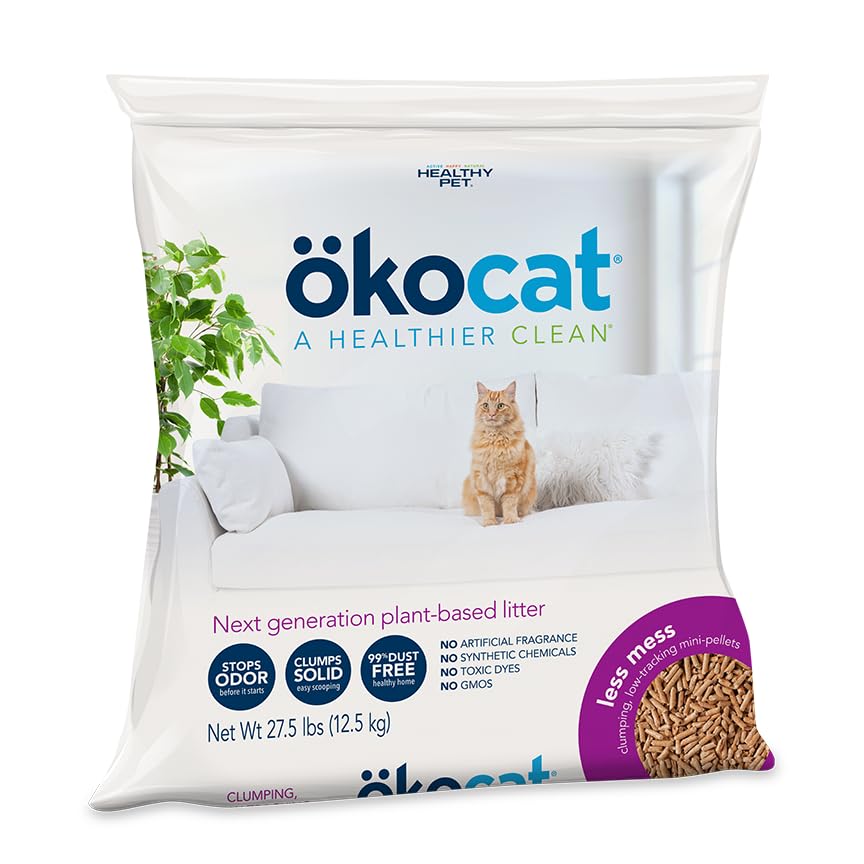 okocat wood mini-pellets unscented litter reduces tracking and mess