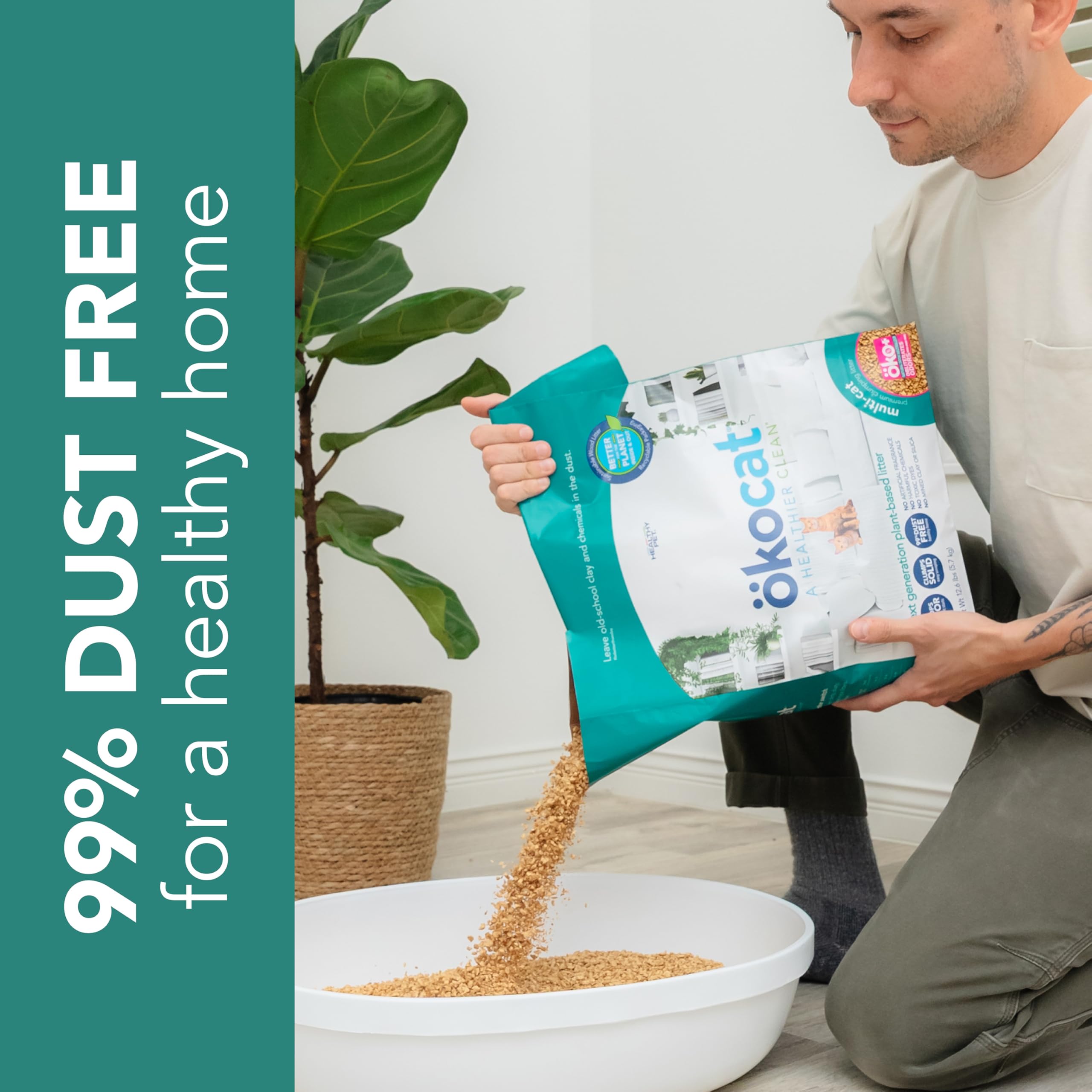 okocat quick-clumping wood fiber pictured for easy scooping