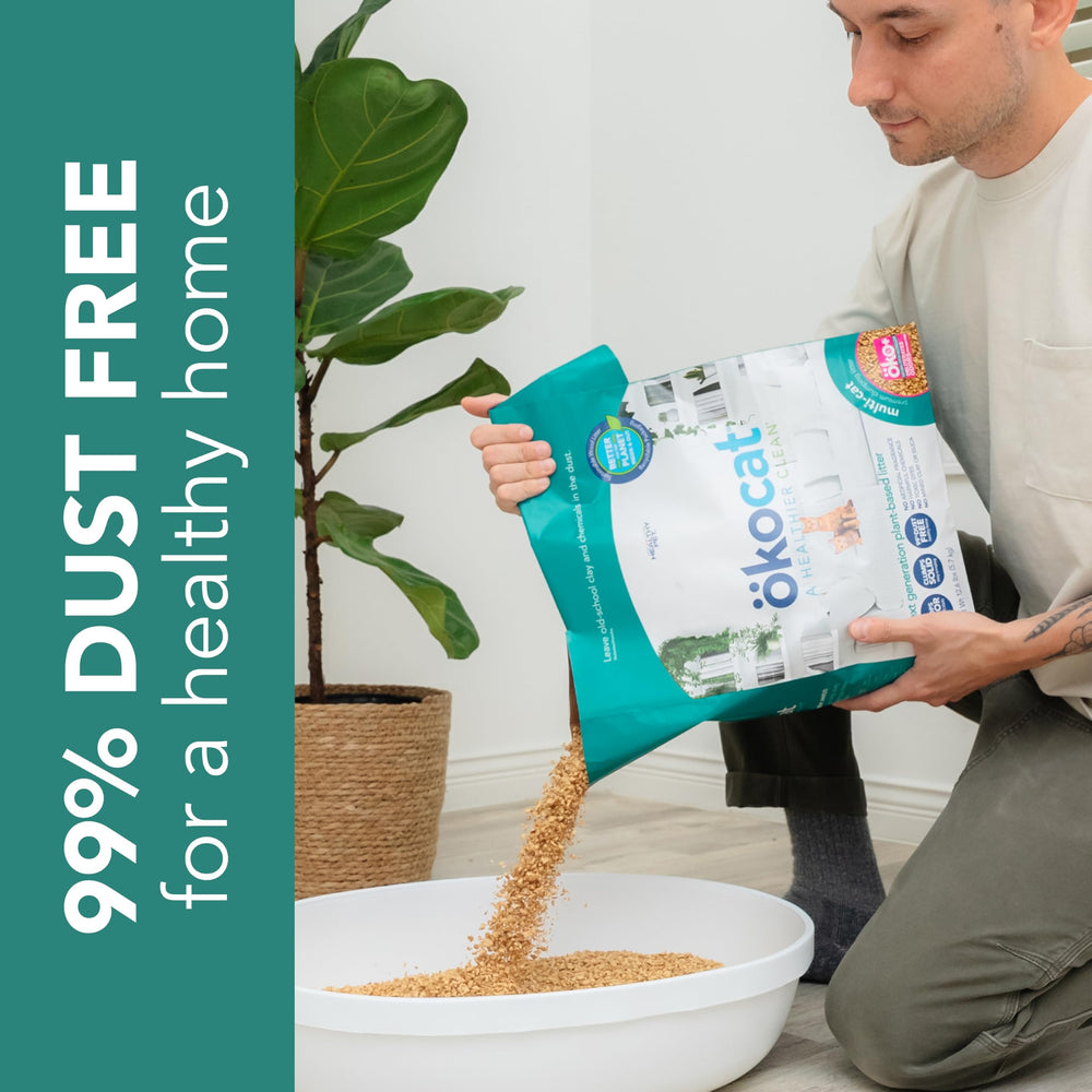 Okocat quick-clumping wood fiber for fast scooping.