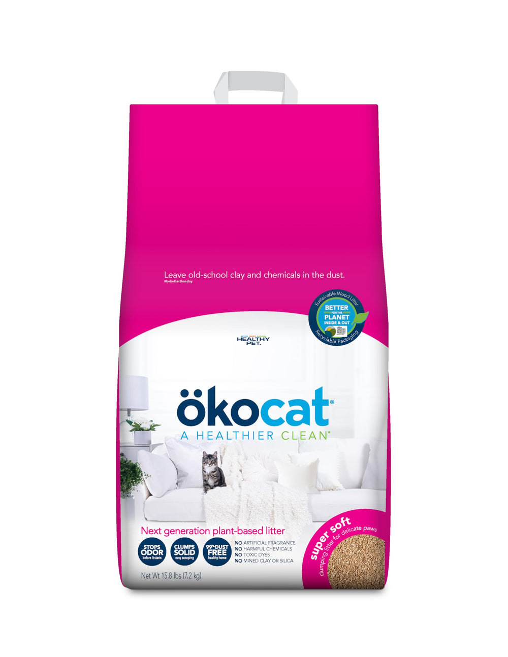ökocat Super Soft Wood Litter bag shows sustainable packaging for eco-conscious homes.