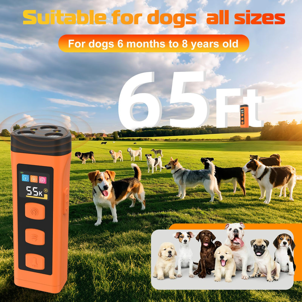 OKSJ Dog Bark Deterrent Device demonstrates 65ft range for outdoor training.