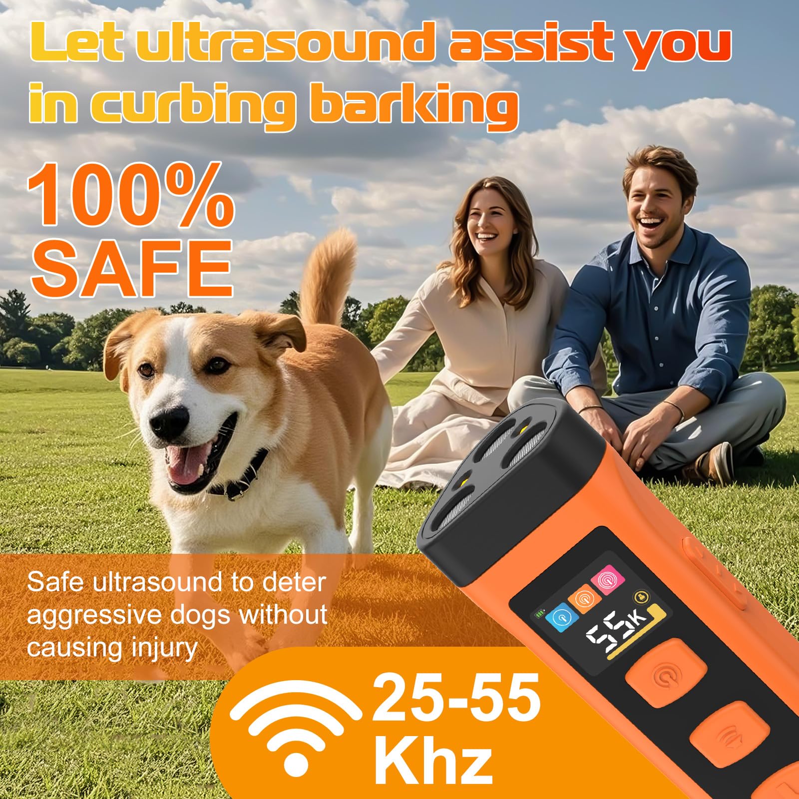 OKSJ Dog Bark Deterrent Device mode selector highlights multiple training options.