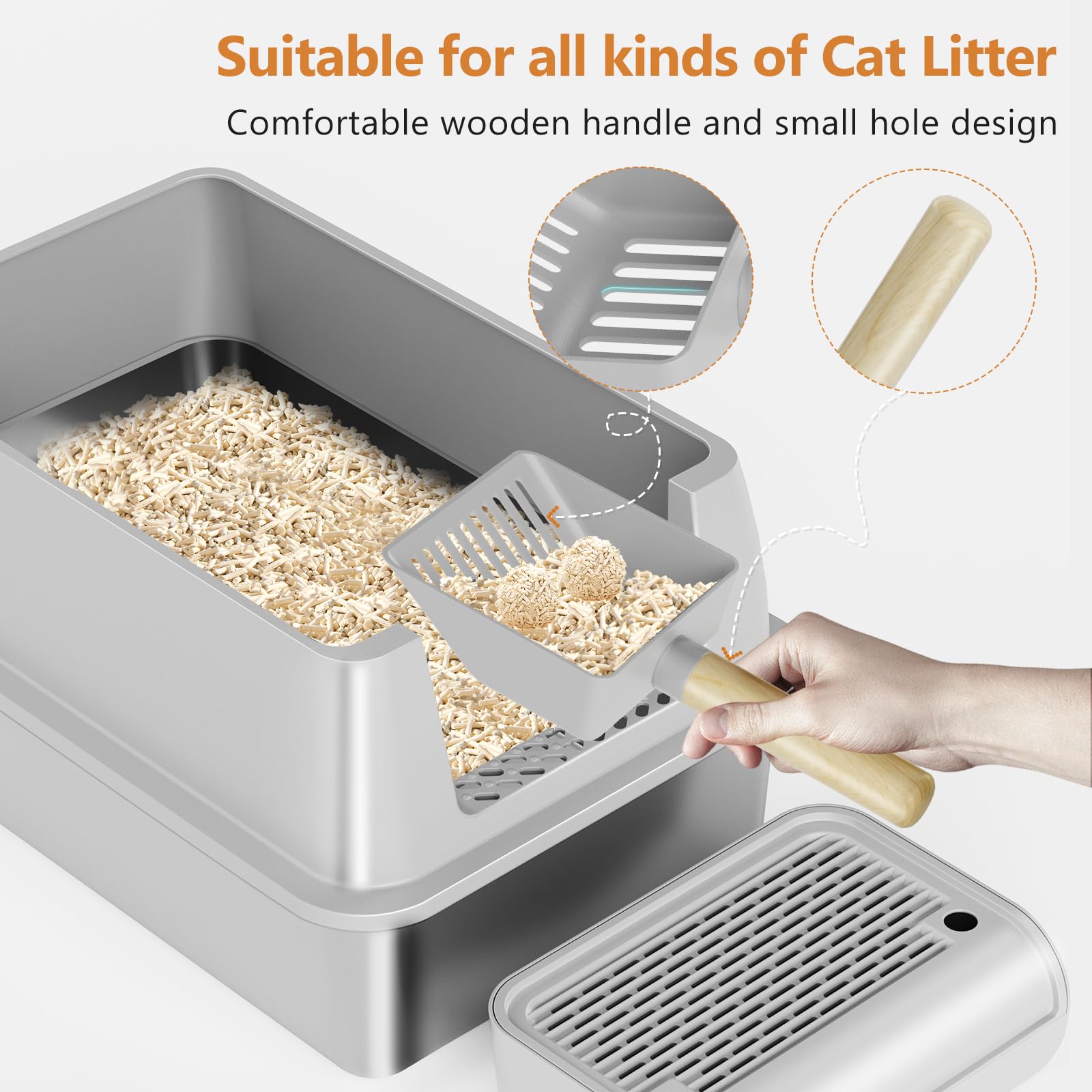 OKSOTY fine-mesh litter scoop with wooden handle improves removal.