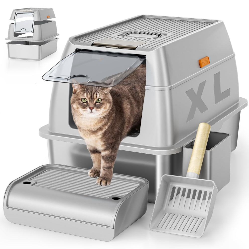 OKSOTY stainless steel cat litter box with lid viewed from top for leak prevention.