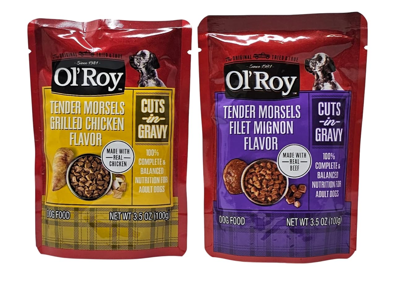Ol' Roy 3.5-ounce pouch detail, showing portion-controlled serving.