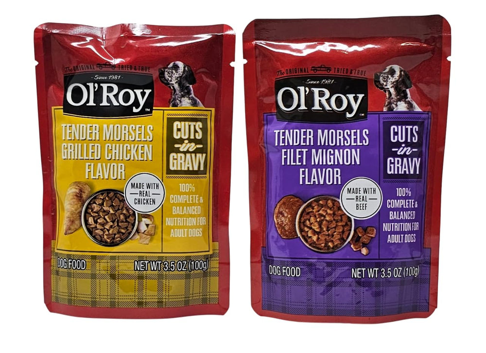 Ol' Roy 3.5-ounce pouch detail, showing portion-controlled serving.