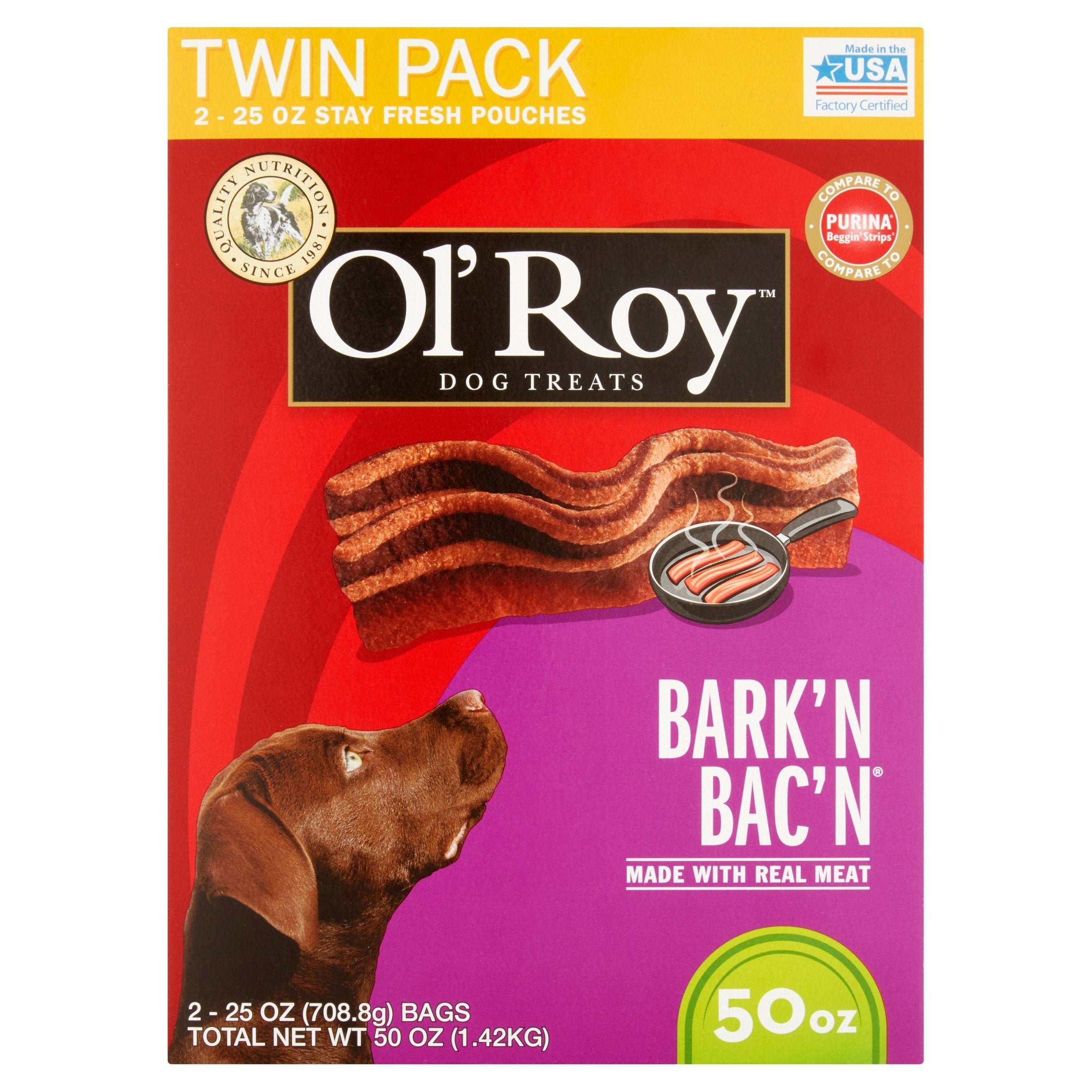 Ol' Roy Bark'n Bac'n dog treat package highlighting bacon flavor for rewarding dogs during training