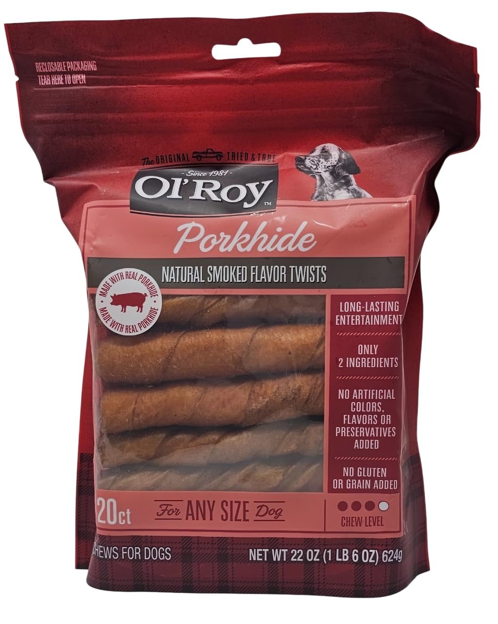 Ol' Roy porkhide twists bag with resealable 22-ounce packaging