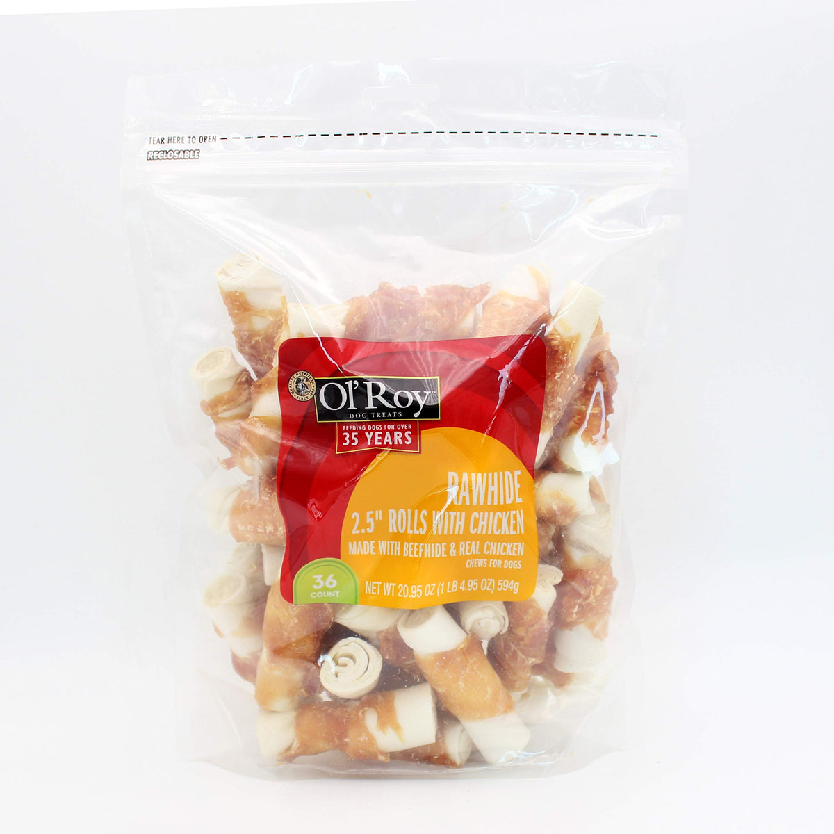 Ol' Roy Rawhide Chicken Rolls 2.5-inch in resealable bag for long-lasting chew.