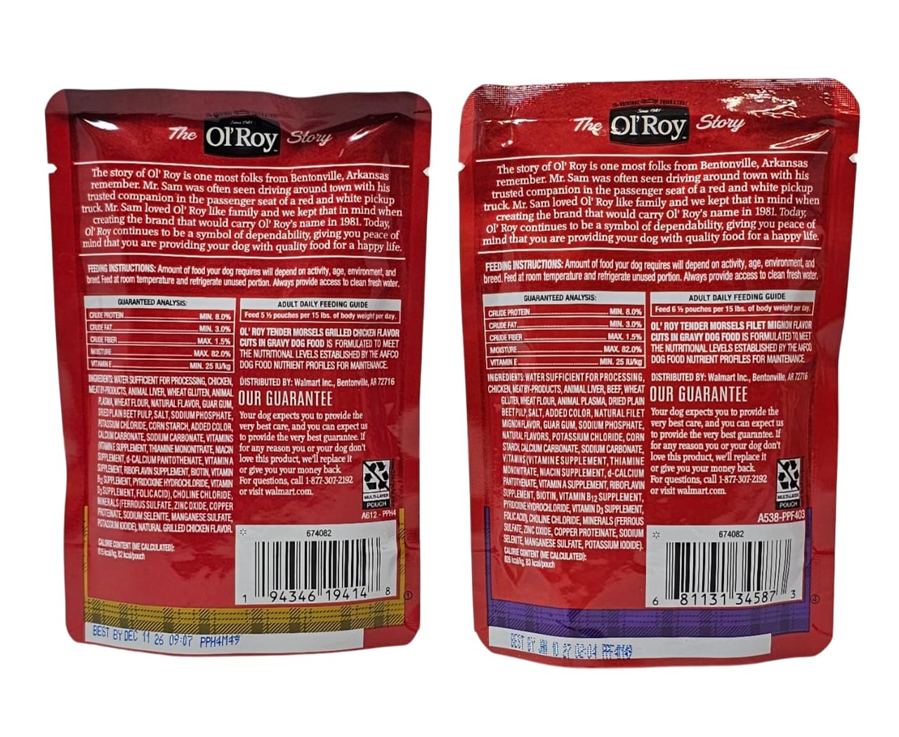 Ol' Roy back-of-pouch feeding instructions provide quick serving guidance.