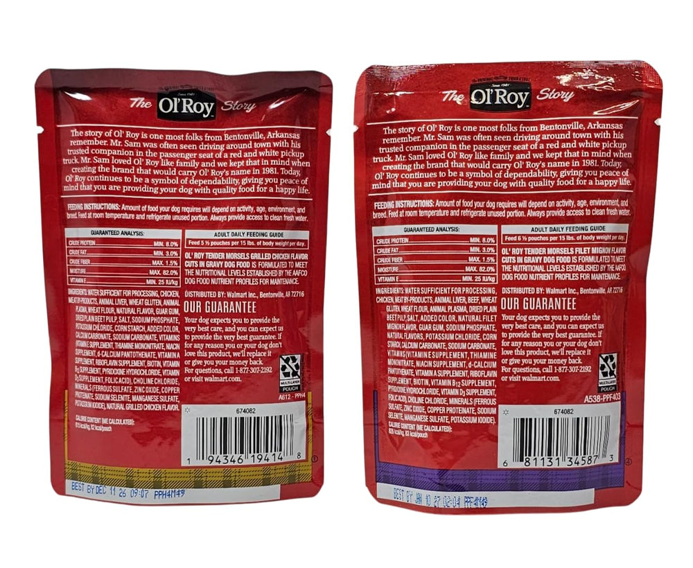 Ol' Roy back-of-pouch feeding instructions provide quick serving guidance.