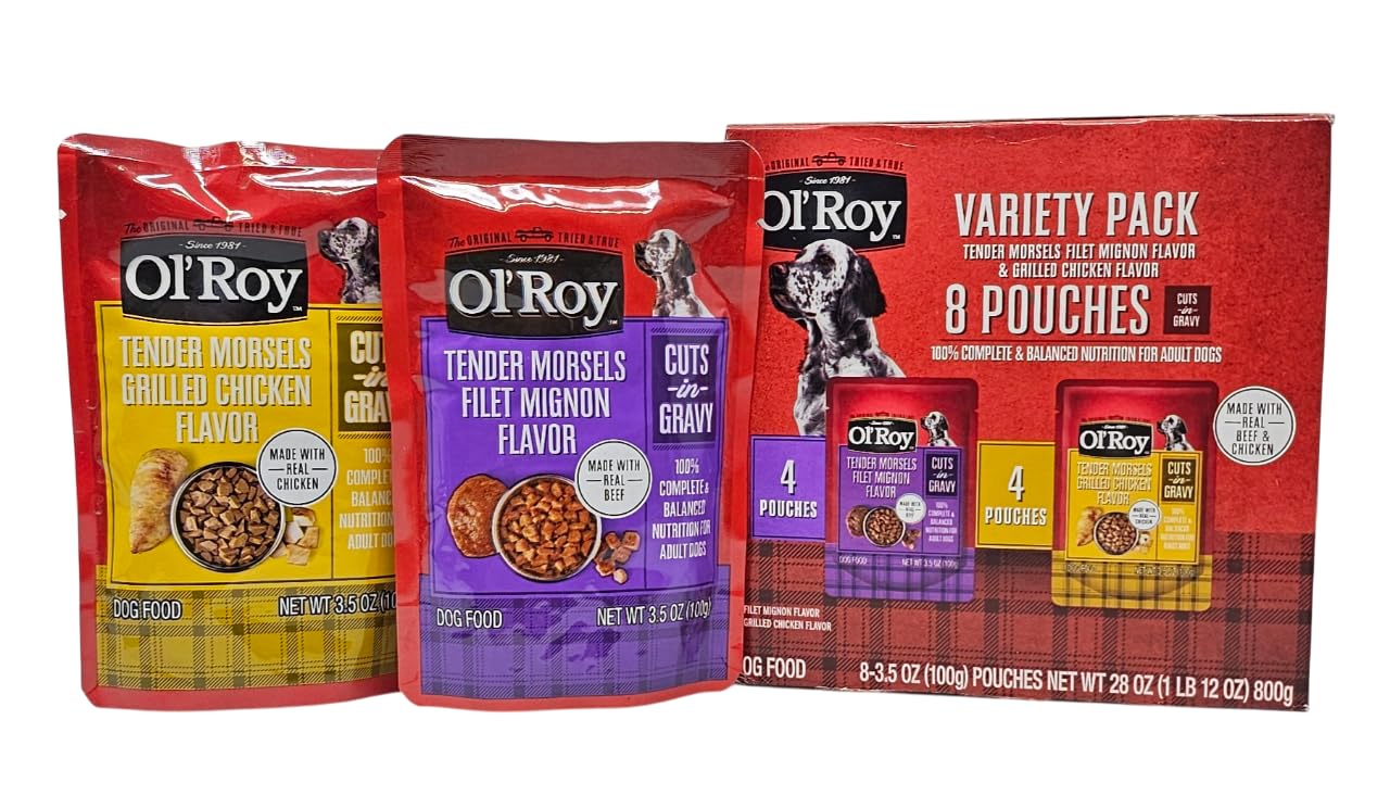 Ol' Roy wet dog food variety pack shown, convenient eight-pouch multipack for easy meals.