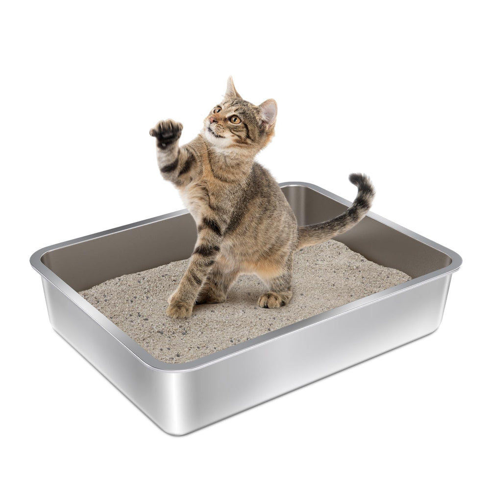 Olacat stainless steel litter box, 17.7-inch length, spacious for small pets.