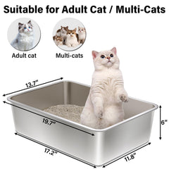 Olacat high-sided stainless steel litter box keeps litter contained.