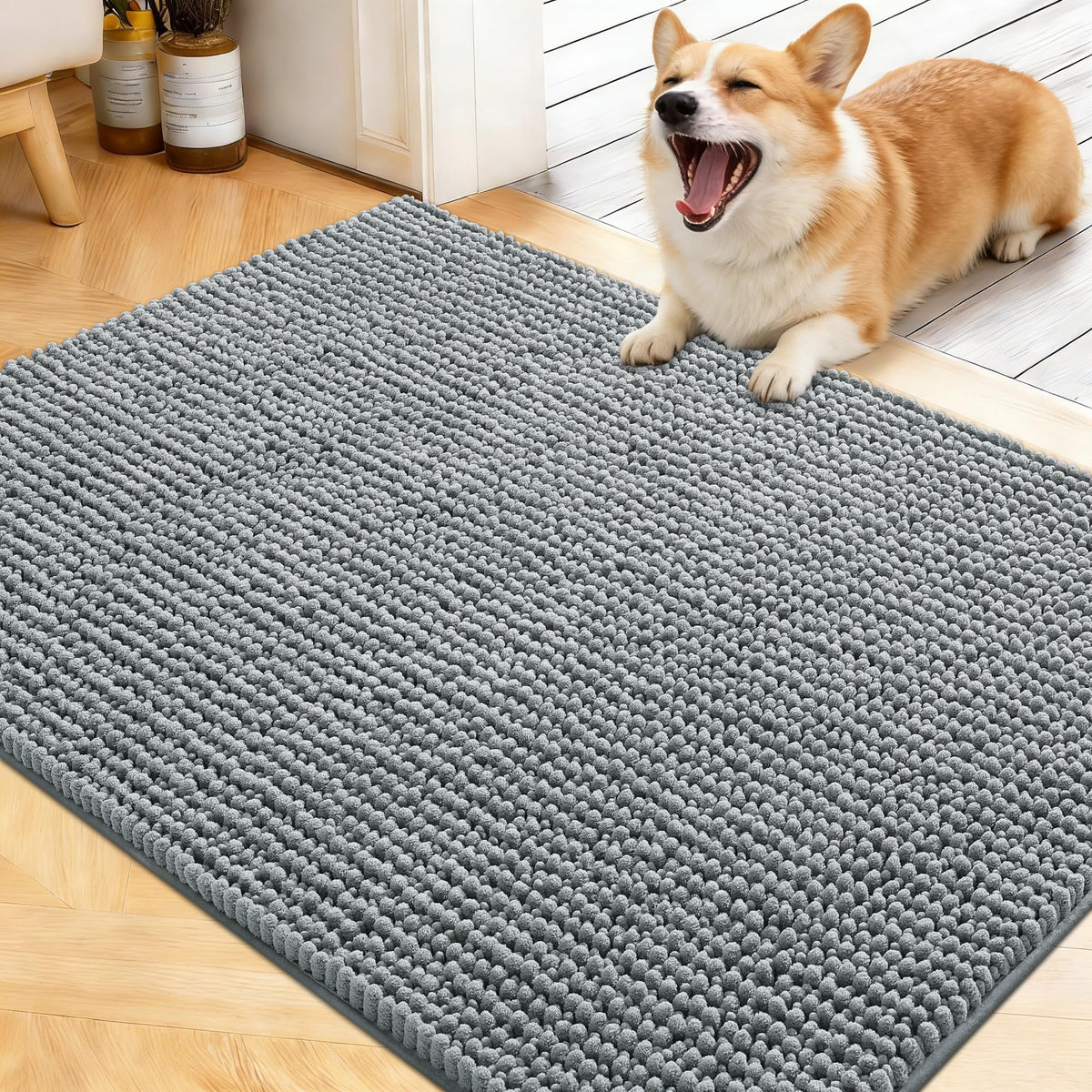 OLANLY dog door mat absorbent chenille pile captures moisture for clean paws.