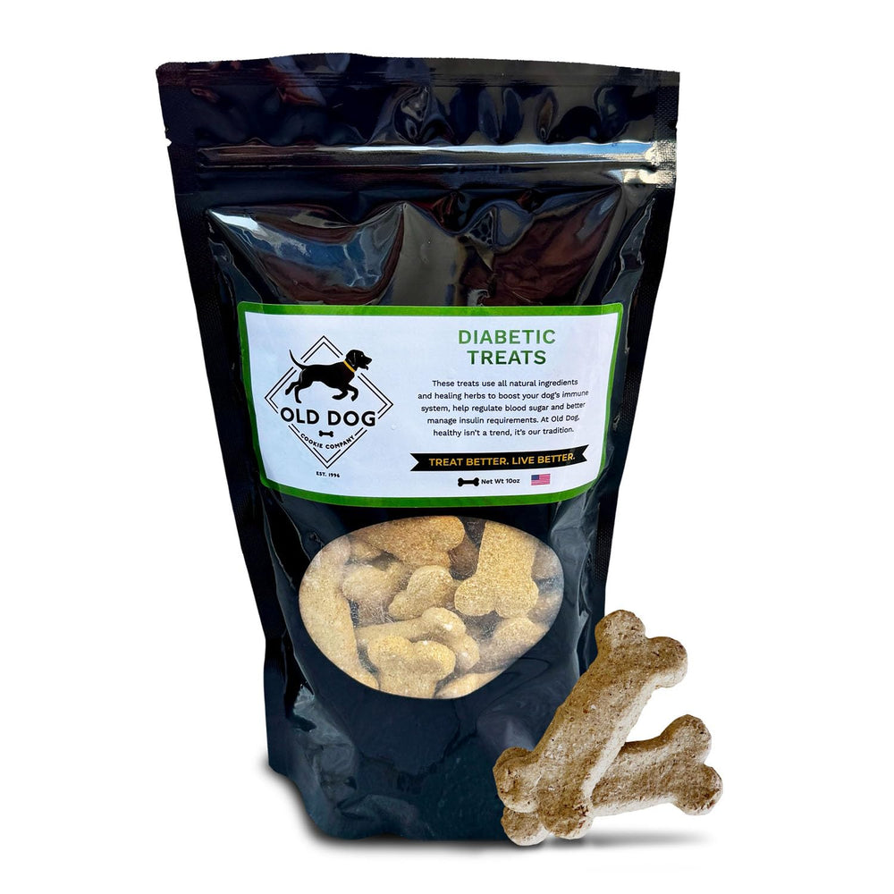 Old Dog Cookie Company diabetes-friendly treats in pack shot for daily snacking
