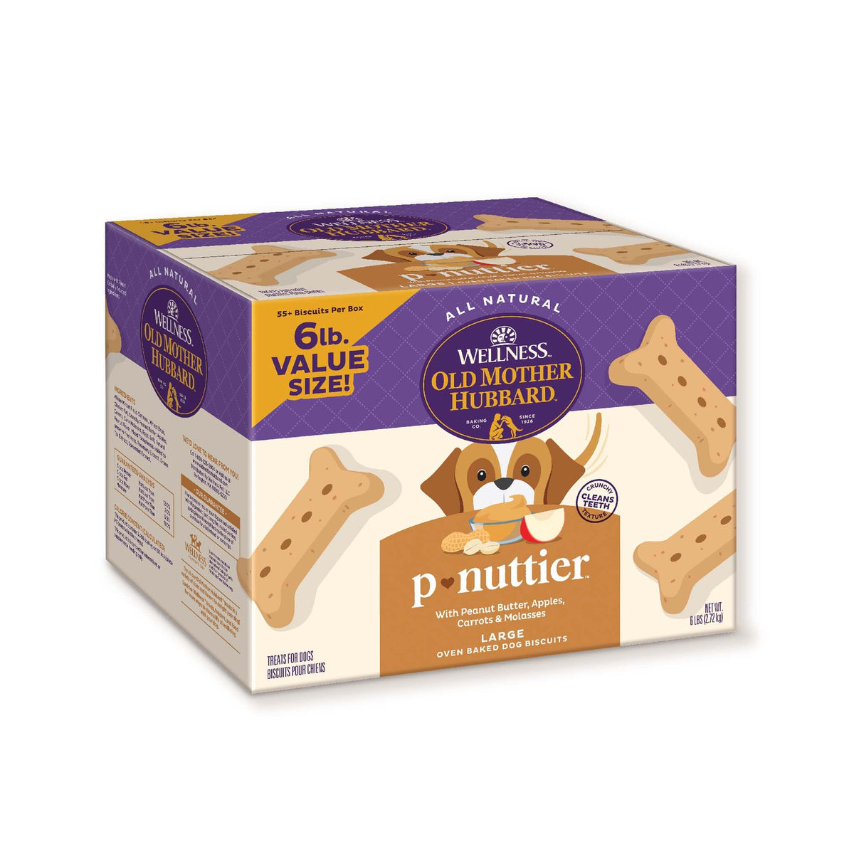 Old Mother Hubbard Wellness P-Nuttier biscuits in a box with crunchy texture for treats.