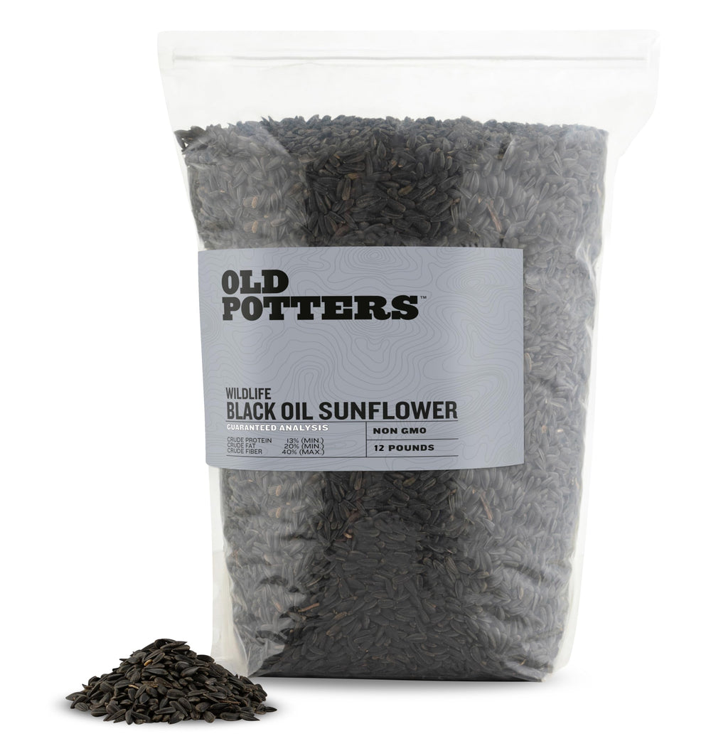 Old Potters Wildlife Black Oil Sunflower Seeds in bag to attract diverse backyard birds.