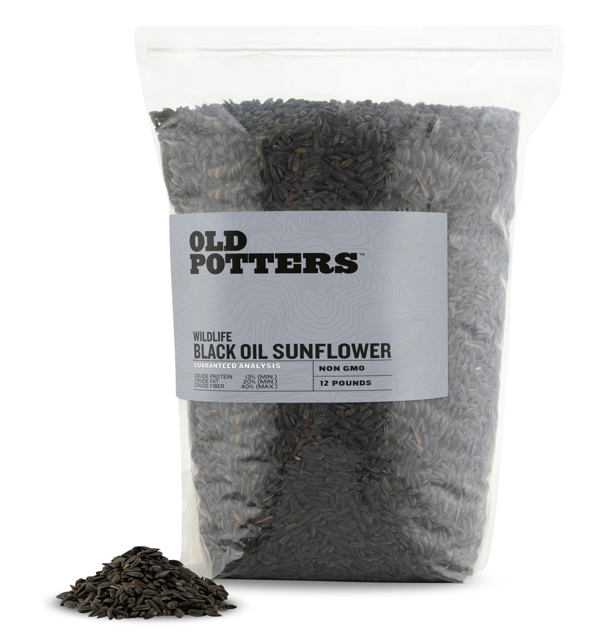 Old Potters Wildlife Black Oil Sunflower Seeds in bag to attract diverse backyard birds.