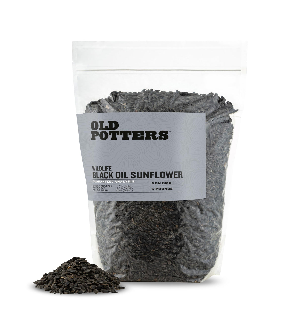 Old Potters Wildlife black oil sunflower seeds in an open bag attract diverse birds.