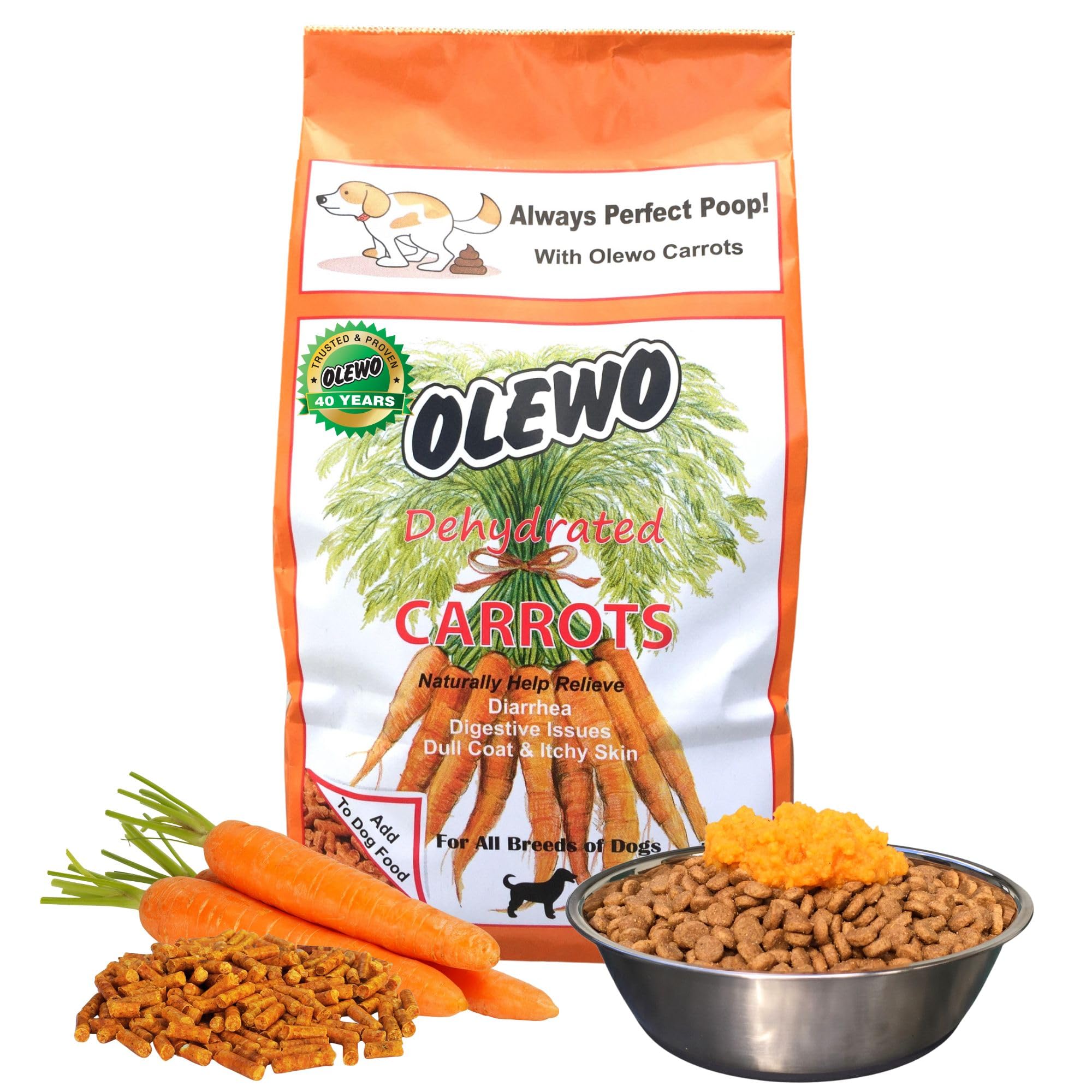 Olewo Original Carrots in a dog bowl with topper for tastier meals and gut health