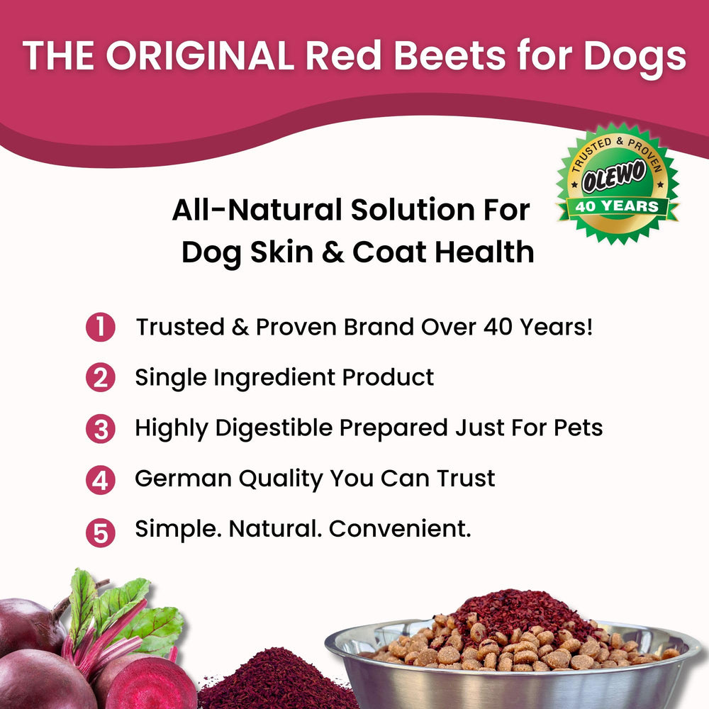 Pouring Olewo red beets into a dog bowl for meal topper and skin support.