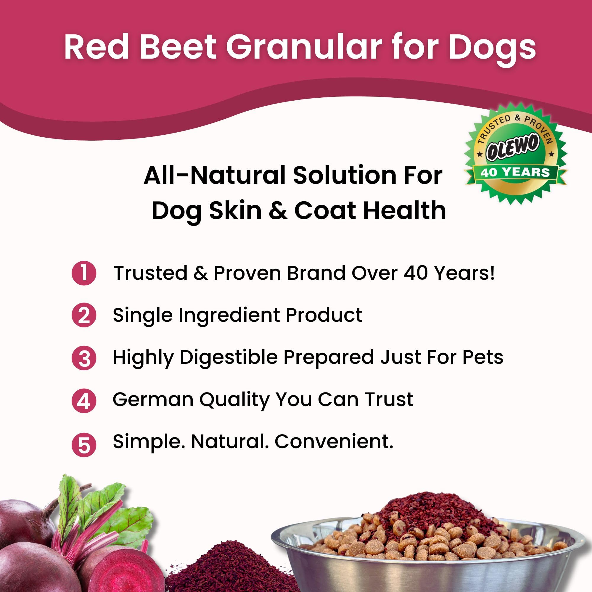 Olewo Red Beets in a dog bowl with kibble for nourishment.