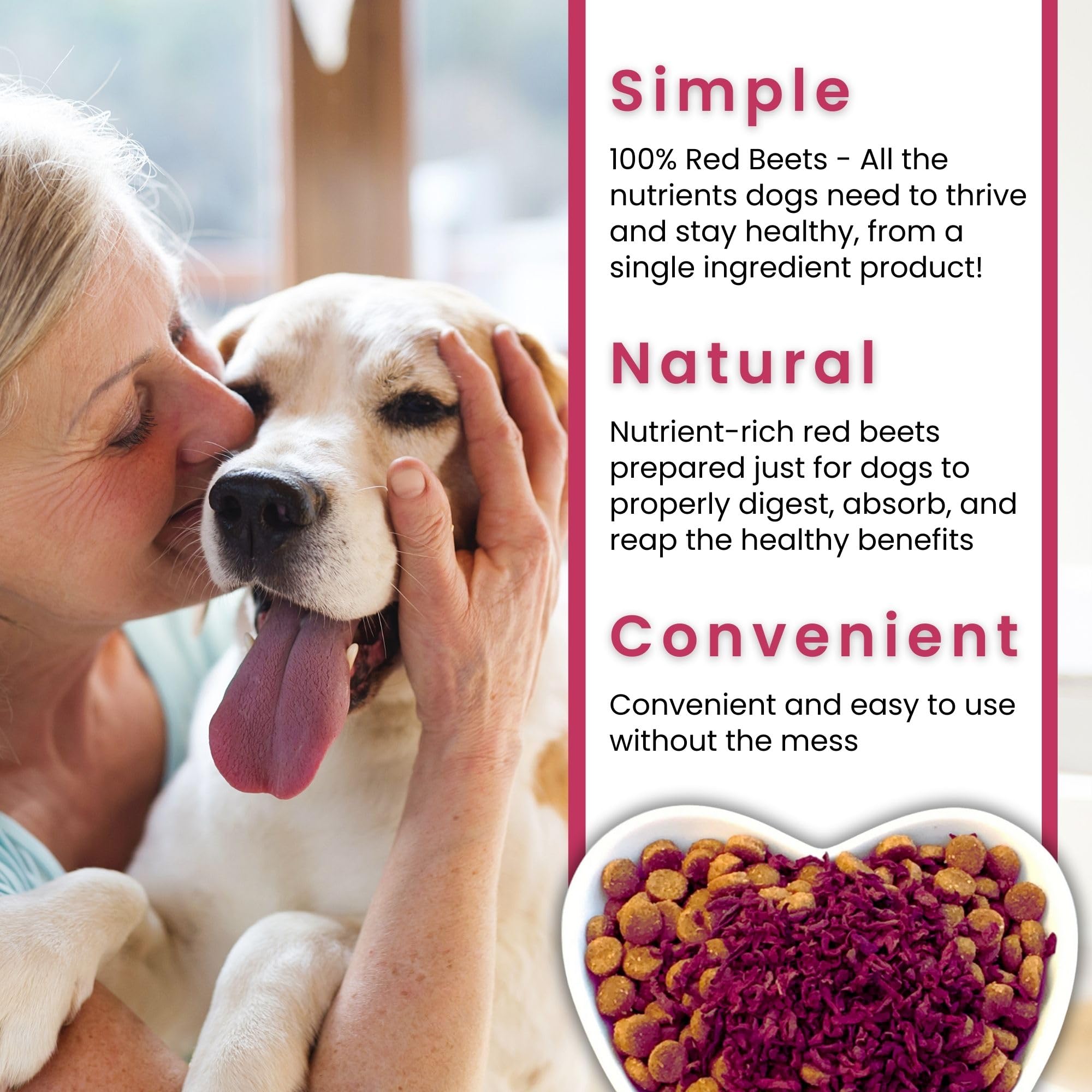 Olewo Red Beets granules mixing into kibble for nutrition.