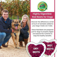 Olewo Red Beets label closeup highlights pure ingredients and clarity for pet owners.