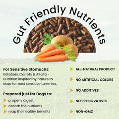 Olewo Rootsies ingredients close-up: potato, carrot, alfalfa for gut-friendly fiber.