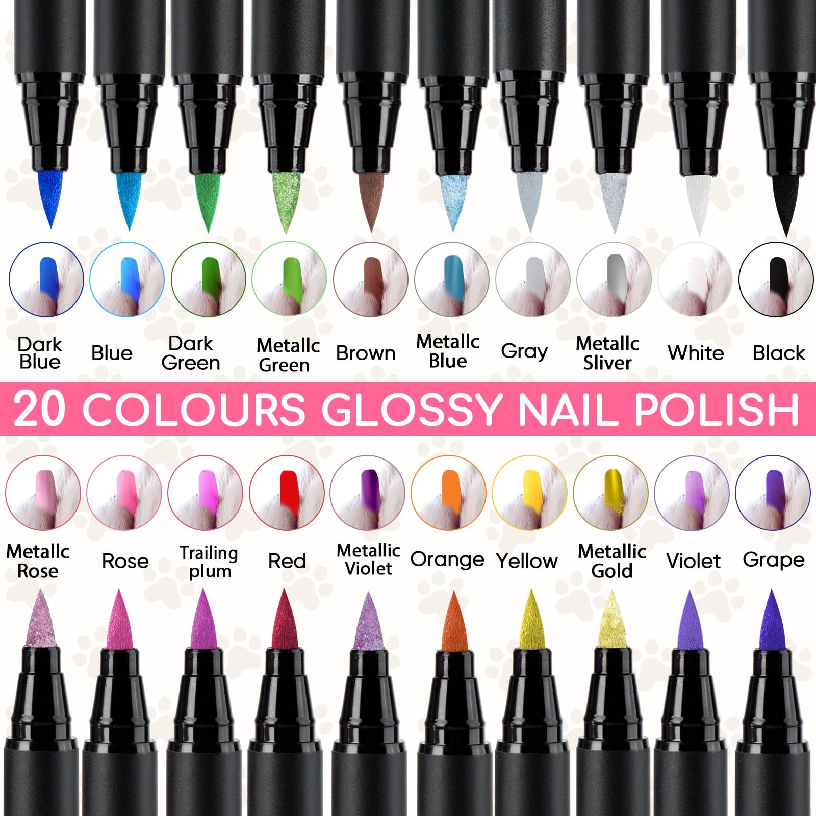 OLINGYOU swatch of 20 bright matte colors for dogs.