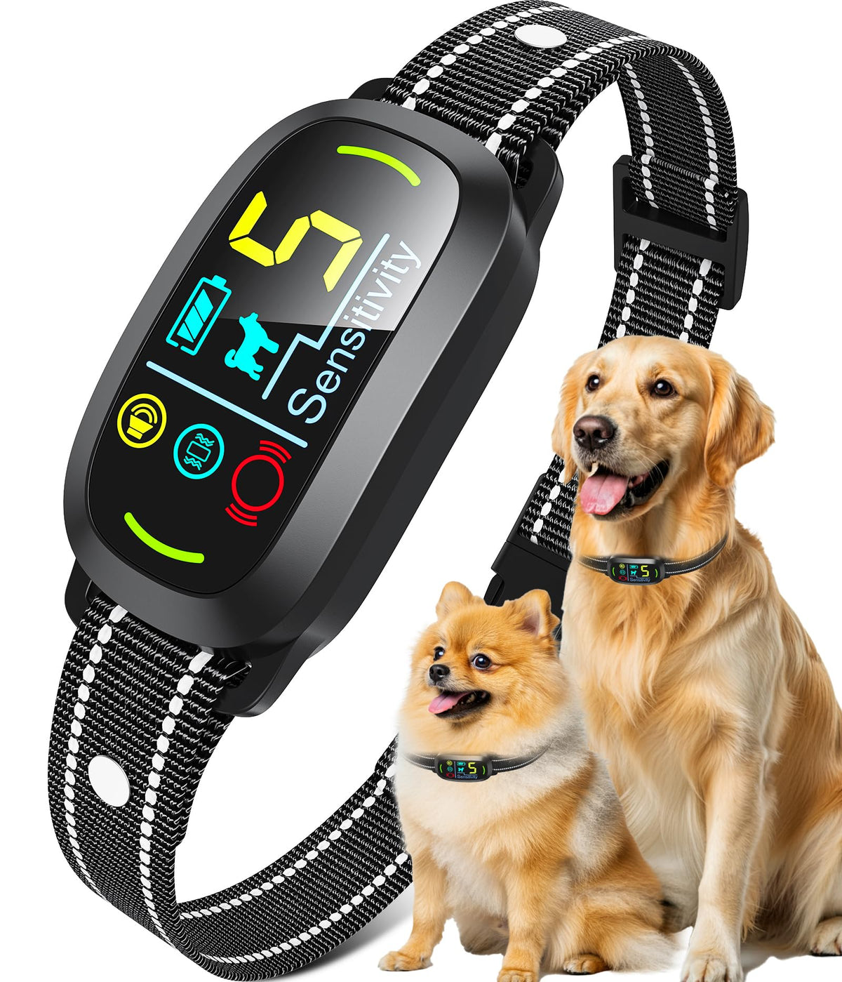 Oliry Smart AI Bark Collar front view with adjustable strap for versatile sizing.