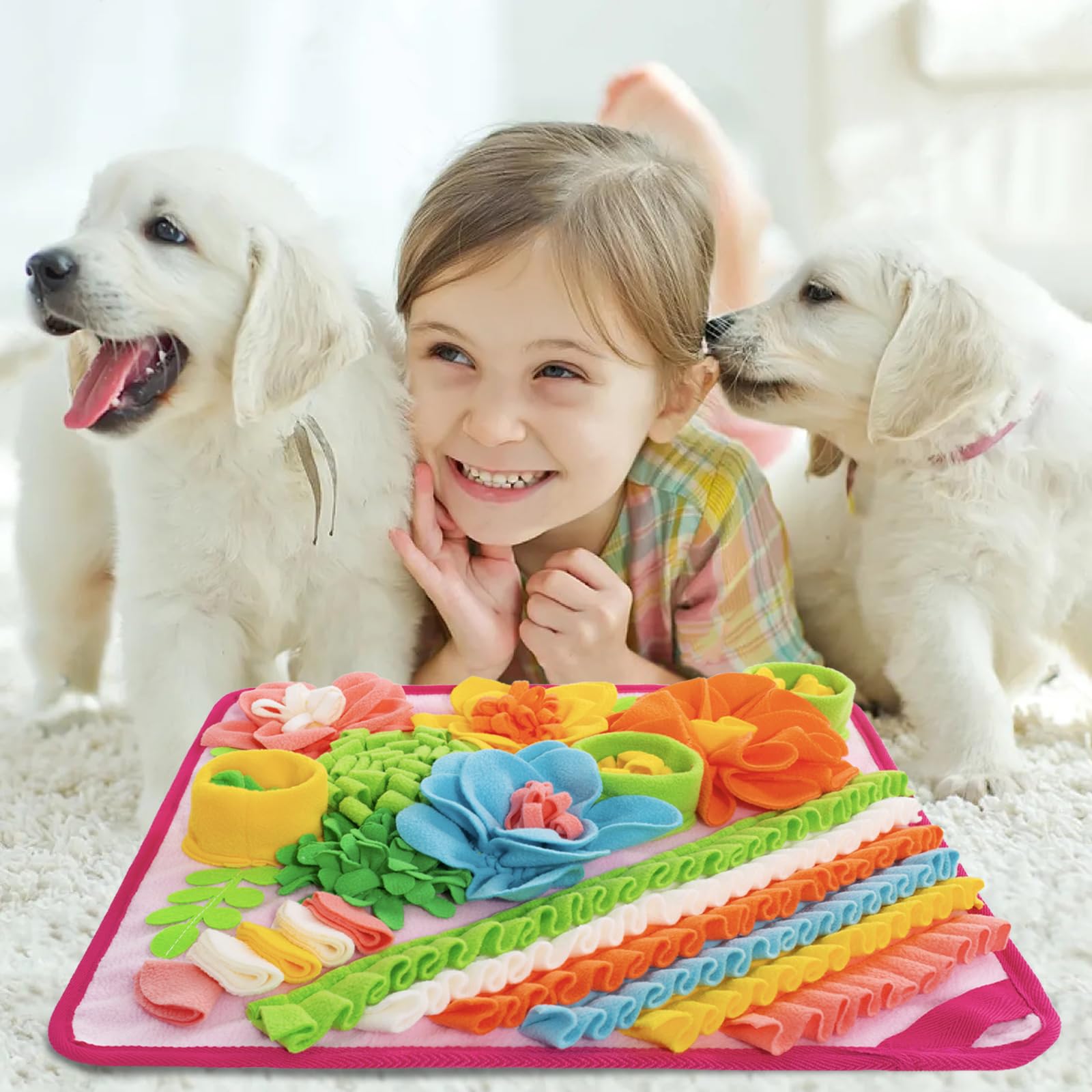 Oliumt Snuffle Mat pink variant adds gentle enrichment during meals.