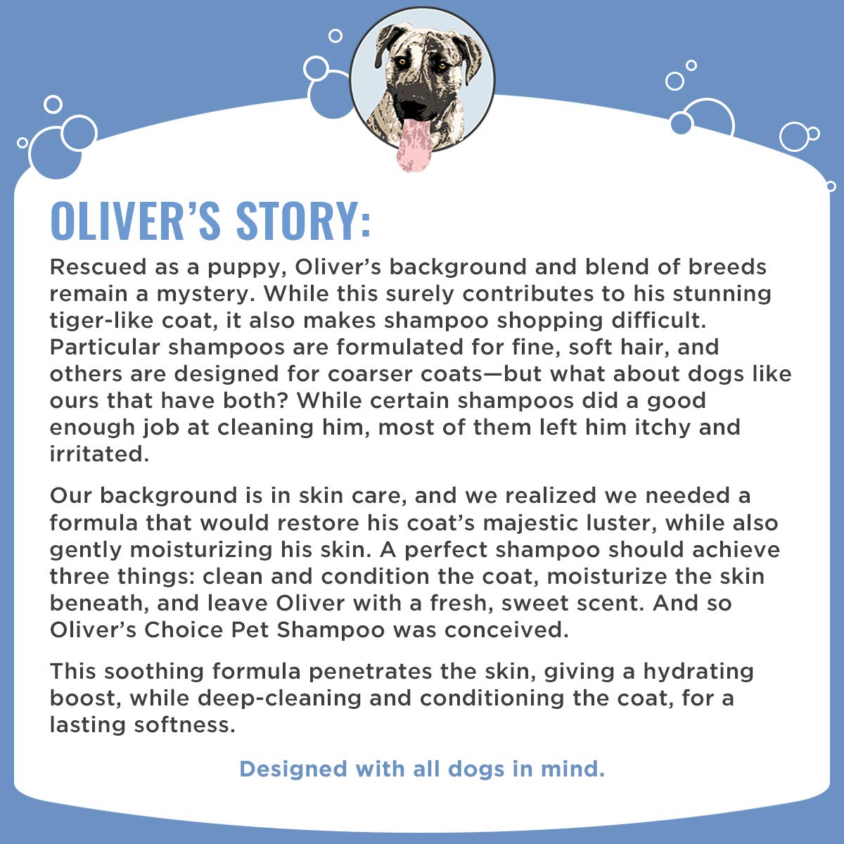 OLIVER'S CHOICE all-breeds color-safe shampoo swatch highlights versatility.