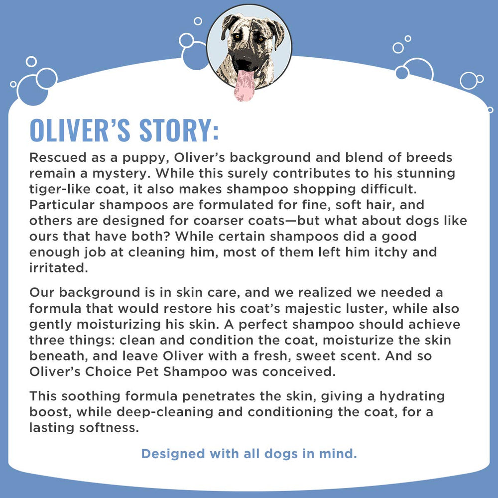 OLIVER'S CHOICE all-breeds color-safe shampoo swatch highlights versatility.