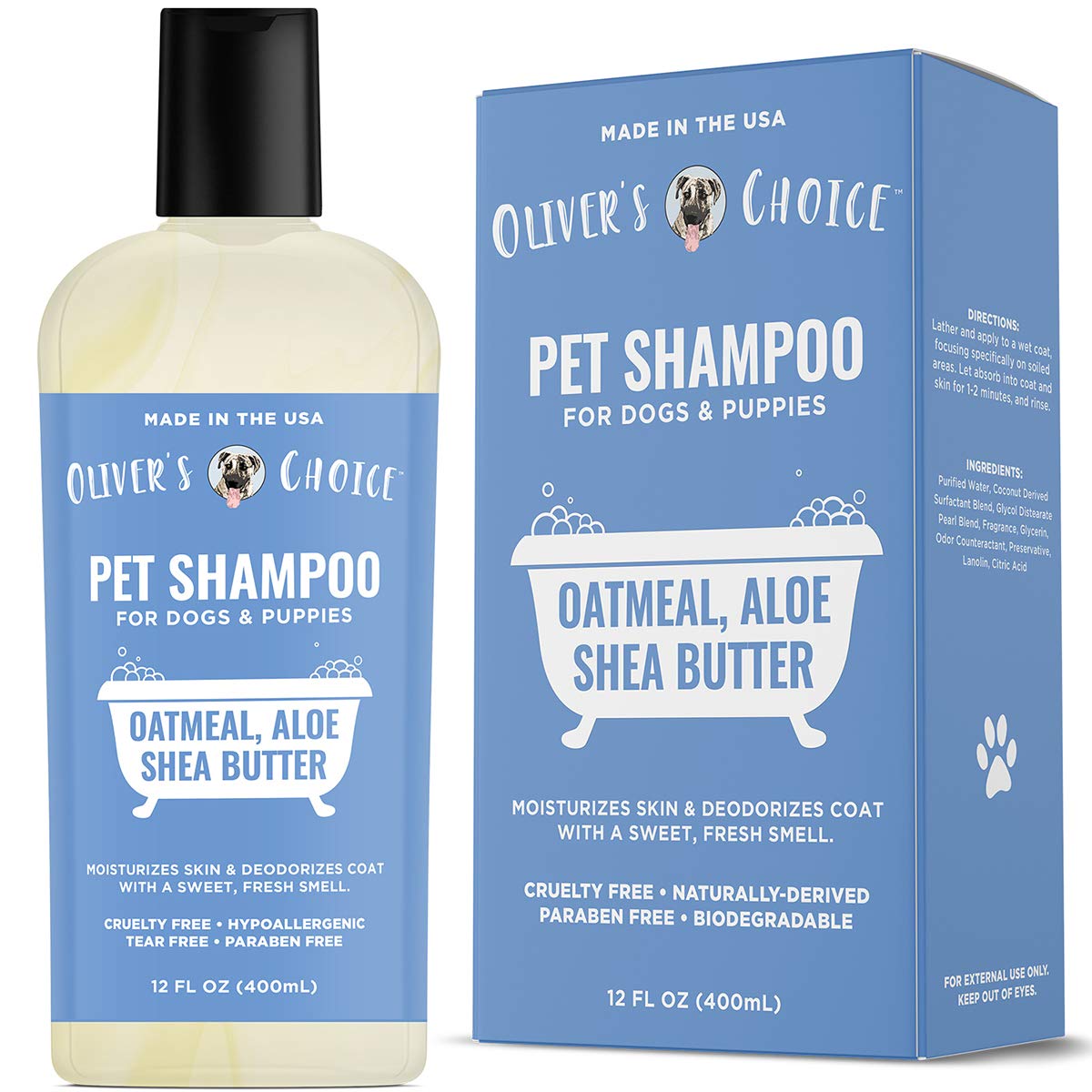 OLIVER'S CHOICE dog shampoo oatmeal bottle shows deodorizing action for a fresh, clean coat.