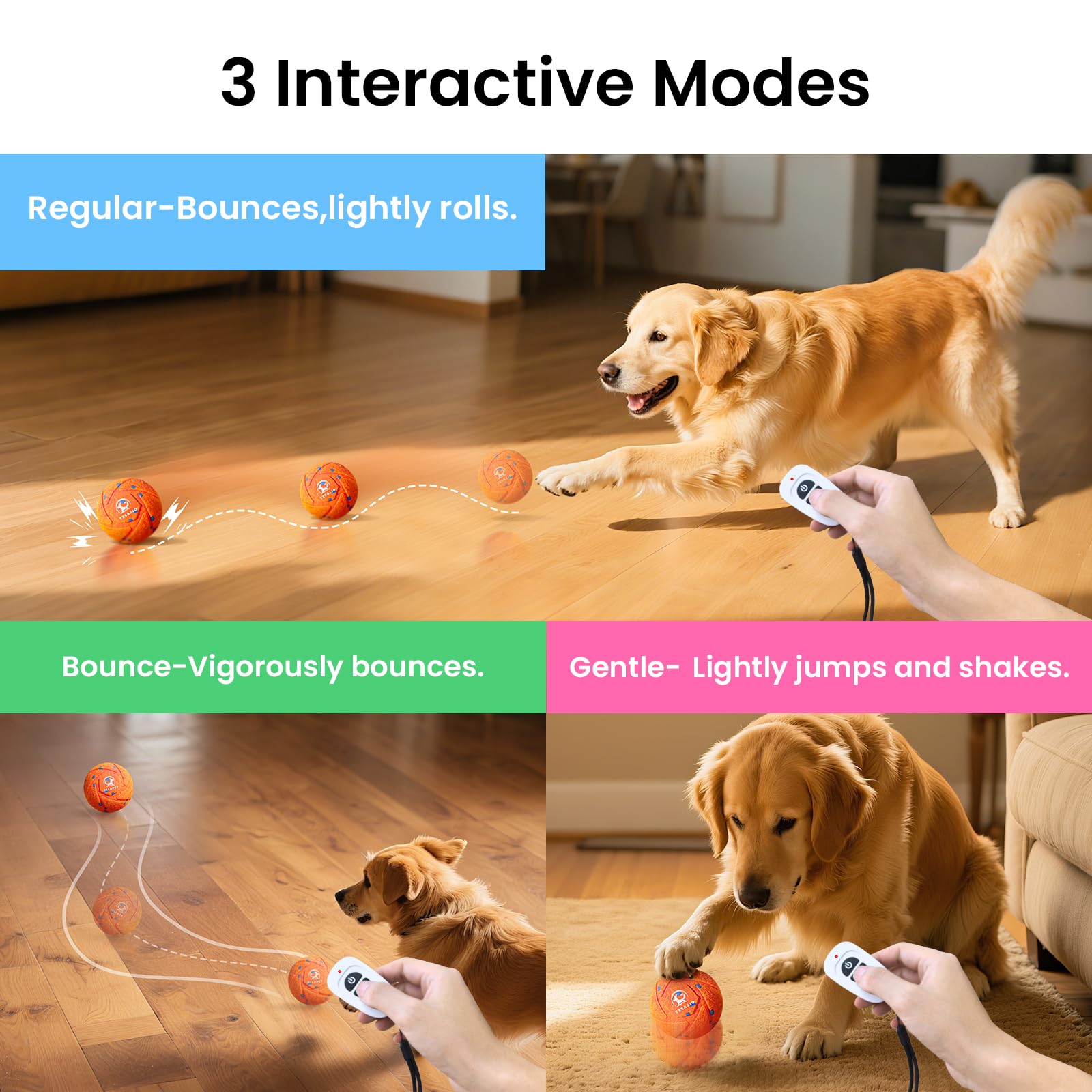 Ollapet ball in Gentle mode gently jumping for calm indoor play.